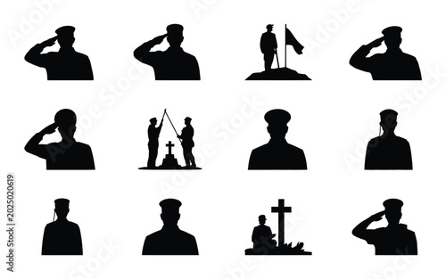 Soldiers saluting and honoring the fallen in various poses and scenes of remembrance and respect