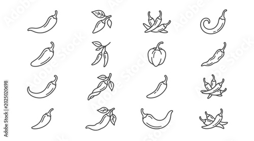 Fotografía Chili Pepper Icon Set: Various Types and Styles, Hand-Drawn Outline Vector Art