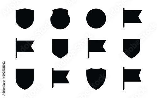 Collection of black shield and flag icons on white background symbols for protection safety and notification