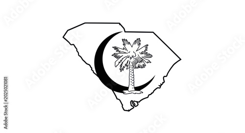 South Carolina State Outline with Palmetto Tree and Crescent Moon Symbol
