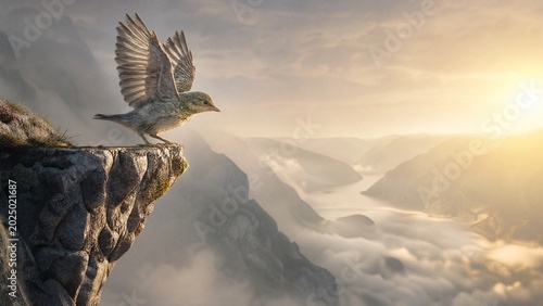 successor. A young bird flaps its wings at a misty cliff edge. wildlife magazines, conservation campaigns, designed for wildlife conservation campaigns, supports conservation.
