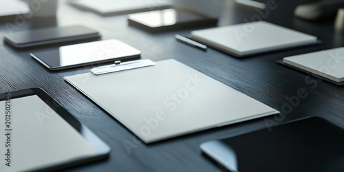 Modern Office Desk Workspace with Clipboard and Laptop
