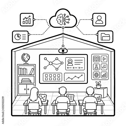 Conceptual Illustration Featuring an Open Book Integrated with Artificial Intelligence and Cloud Computing Data Analytics Icons