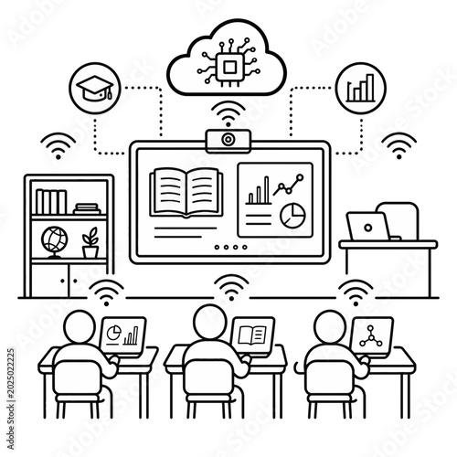 Conceptual Illustration Featuring an Open Book Integrated with Artificial Intelligence and Cloud Computing Data Analytics Icons
