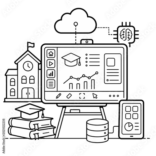 Conceptual Illustration Featuring an Open Book Integrated with Artificial Intelligence and Cloud Computing Data Analytics Icons