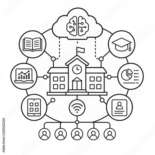 Conceptual Illustration Featuring an Open Book Integrated with Artificial Intelligence and Cloud Computing Data Analytics Icons