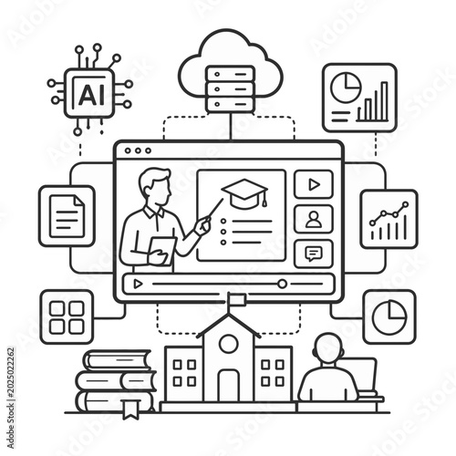 Conceptual Illustration Featuring an Open Book Integrated with Artificial Intelligence and Cloud Computing Data Analytics Icons