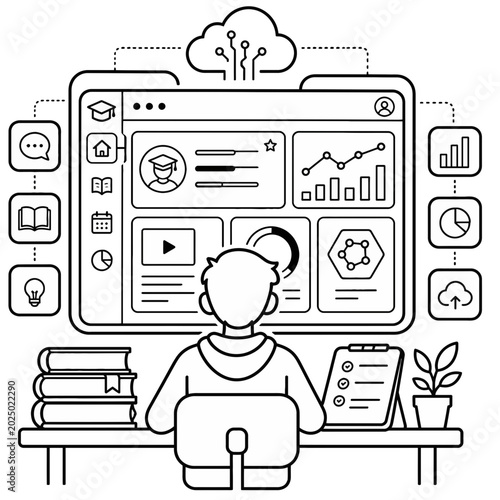 Conceptual Illustration Featuring an Open Book Integrated with Artificial Intelligence and Cloud Computing Data Analytics Icons