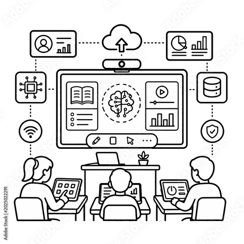 Conceptual Illustration Featuring an Open Book Integrated with Artificial Intelligence and Cloud Computing Data Analytics Icons