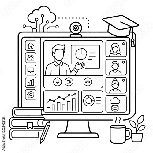 Conceptual Illustration Featuring an Open Book Integrated with Artificial Intelligence and Cloud Computing Data Analytics Icons