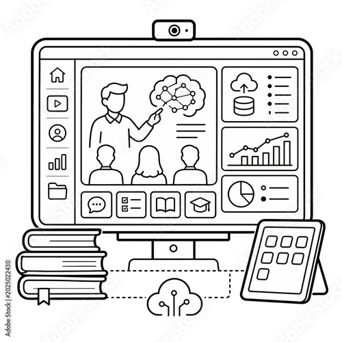 Conceptual Illustration Featuring an Open Book Integrated with Artificial Intelligence and Cloud Computing Data Analytics Icons