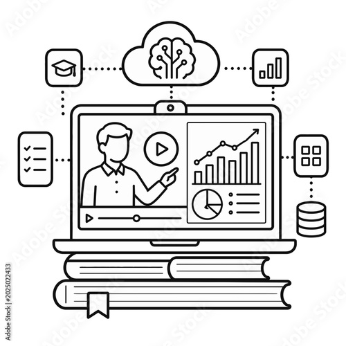 Conceptual Illustration Featuring an Open Book Integrated with Artificial Intelligence and Cloud Computing Data Analytics Icons