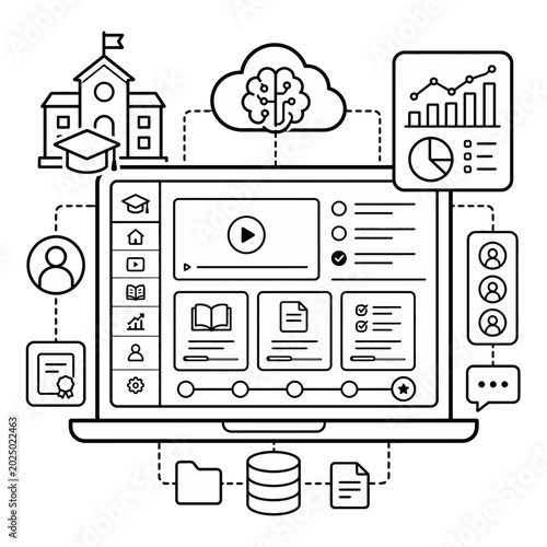Conceptual Illustration Featuring an Open Book Integrated with Artificial Intelligence and Cloud Computing Data Analytics Icons