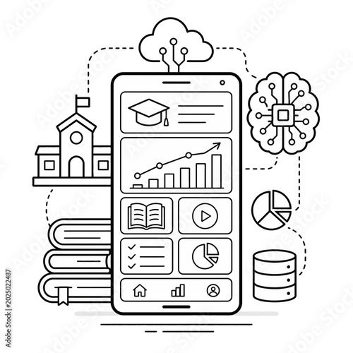 Conceptual Illustration Featuring an Open Book Integrated with Artificial Intelligence and Cloud Computing Data Analytics Icons