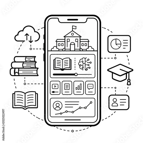Conceptual Illustration Featuring an Open Book Integrated with Artificial Intelligence and Cloud Computing Data Analytics Icons