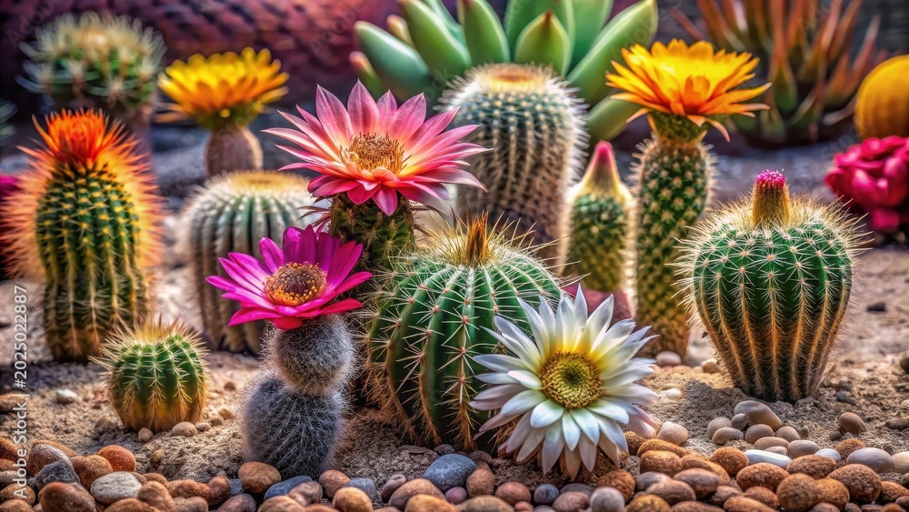 Fototapeta premium Vibrant Desert Bloom A Colorful Collection of Succulents and Cacti in a Pebble Garden