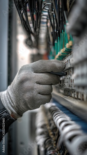 Technician wearing protective gloves working on wiring connections inside industrial electrical control panel for maintenance and safety compliance