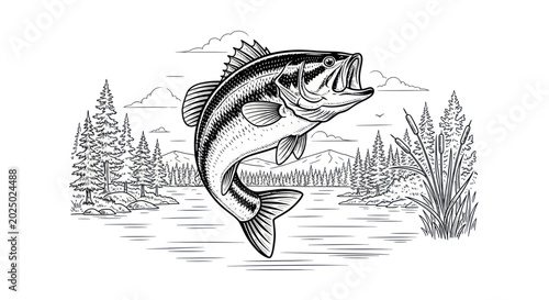 Photos Jumping Bass Fish Illustration - Fishing, Outdoors, Nature Scene