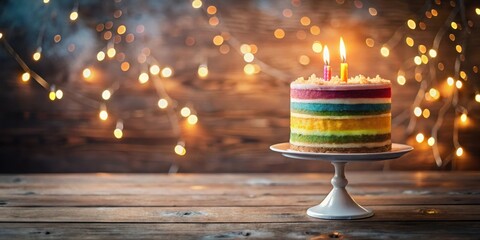 A Festive Rainbow Layered Cake with Burning Candles on a Wooden Table Decorated with Fairy Lights