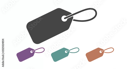 Colorful hanging tags in a variety of shapes and colors with strings and loops.