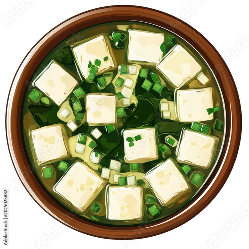 Top view of a bowl of miso soup with tofu cubes and green onions isolated on transparent background