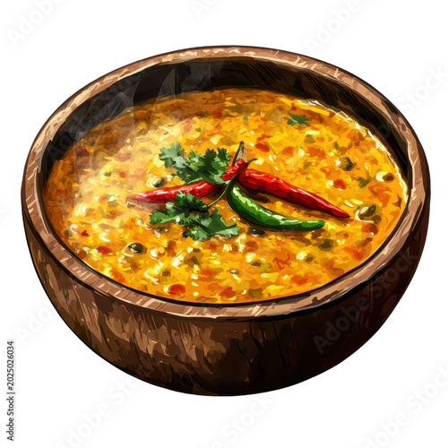 Steaming bowl of spicy lentil dal with peppers and herbs isolated on transparent background