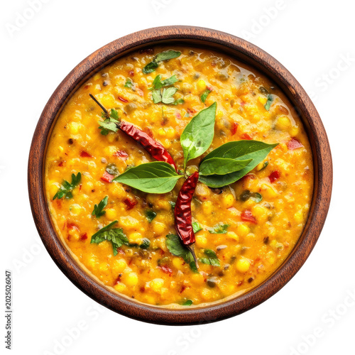 Top view of a bowl of yellow dal tadka with dried red chili and fresh herbs isolated on transparent background