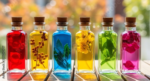 Botol kaca berisi cairan botani warna-warni dengan tanaman herbal melambangkan pengobatan alternatif dan sains alam
