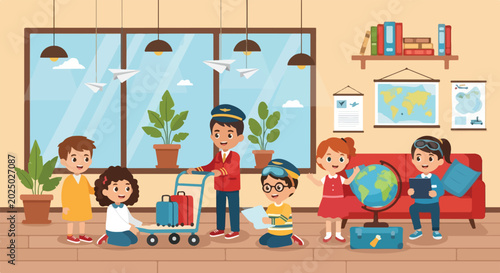 Bild auf Leinwand Diverse children enjoy an aviation-themed roleplay in a classroom, featuring a mini pilot, luggage cart, globe, and world map