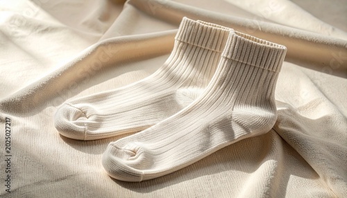 Pair of cozy cream ribbed cotton socks resting on soft draped fabric background with gentle natural lighting