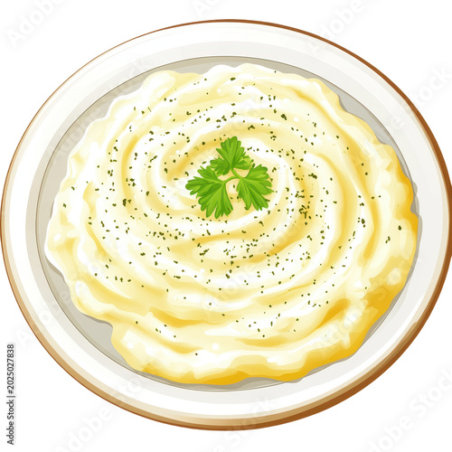 Top view of swirled mashed potatoes on a plate isolated on transparent background