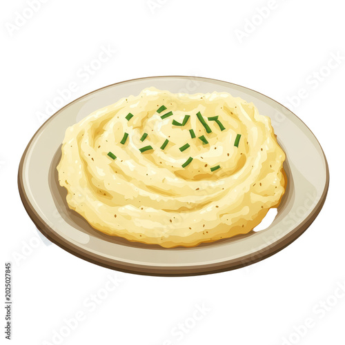 Illustration of creamy mashed potatoes on a plate isolated on transparent background