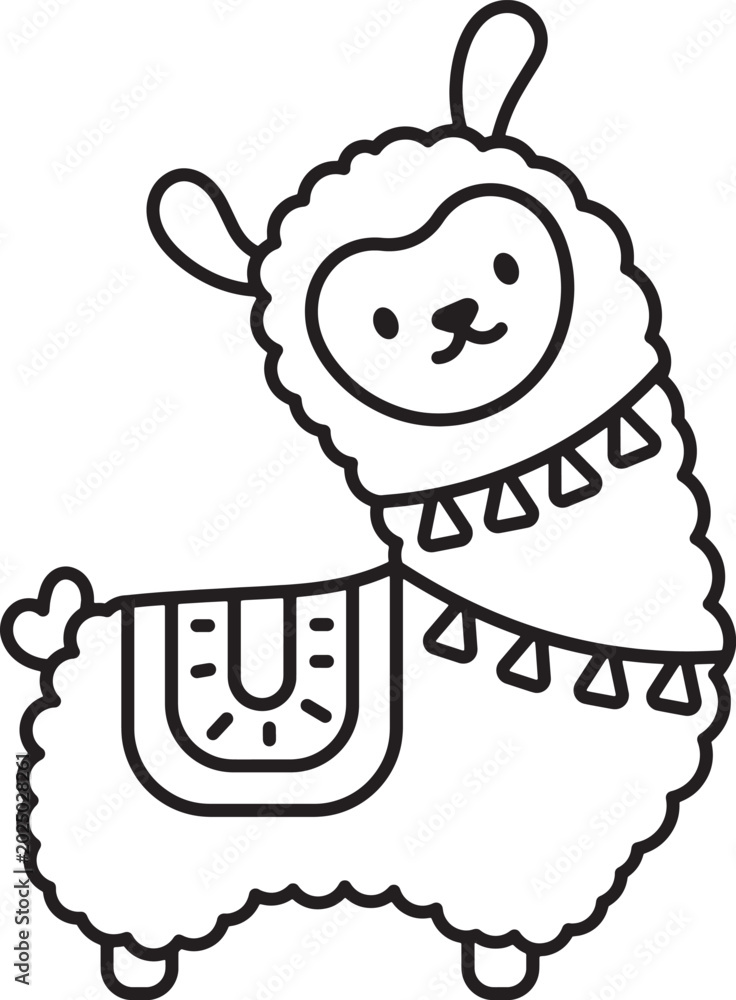Fototapeta premium Cute Llama Coloring Page for Kids - Fluffy Alpaca Vector Outline Illustration