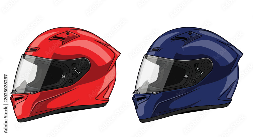 Fototapeta premium Red and Blue Motorcycle Helmets, Safety Gear, Full Face Protection