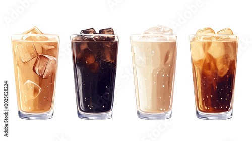 Set of four glasses with different types of iced coffee drinks isolated on transparent background