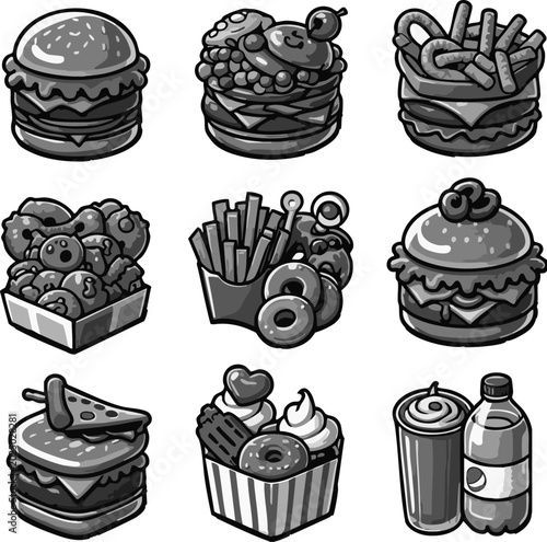 Bilde på lerret Culinary Harbinger of Fast Food Detailed Burger Icon and Fried Potatoes Set for