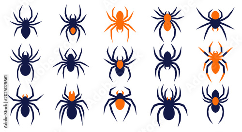 Photos Halloween Spider Icons Set - Orange and Dark Blue Vector Graphics