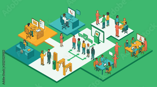 Business Process Flow Showcasing Digital Transformation and Customer Service Interactions in an Isometric Office Environment