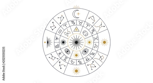 Bild auf Leinwand Astrology Zodiac Wheel with Symbols, Stars, Moon, and Sun on White Background