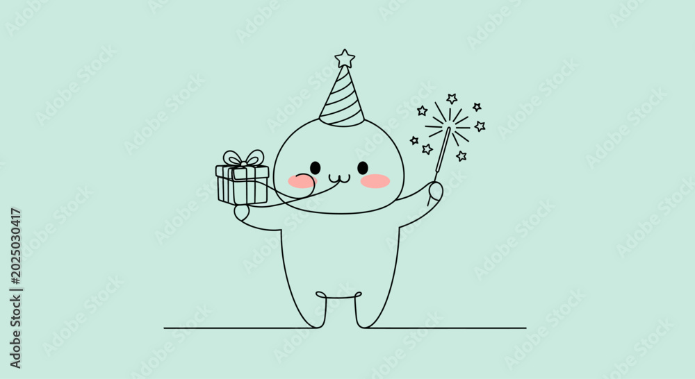 Fototapeta premium Cute Cartoon Character Celebrating with Gift and Sparkler.