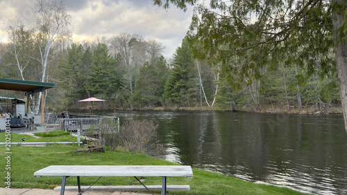 A riverside campsite in springtime