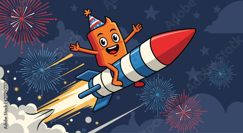 Fotografi Cartoon character riding a festive rocket with a party hat.