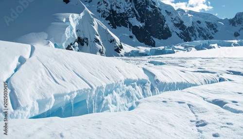 Glacial Crevasse in Icy Wilderness: A deep, blue-tinted crevasse cuts through a vast expanse of snow and ice, surrounded by jagged, snow-capped mountains under a clear, cold sky.
