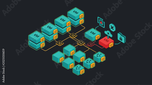 Cloud Network Diagram Illustrating Virtual Machine Security and Threat Detection in an Enterprise Environment