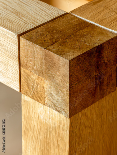 Precision craftsmanship of wooden joinery showcasing intricate corner detail and natural grain patterns in light and dark oak wood materials