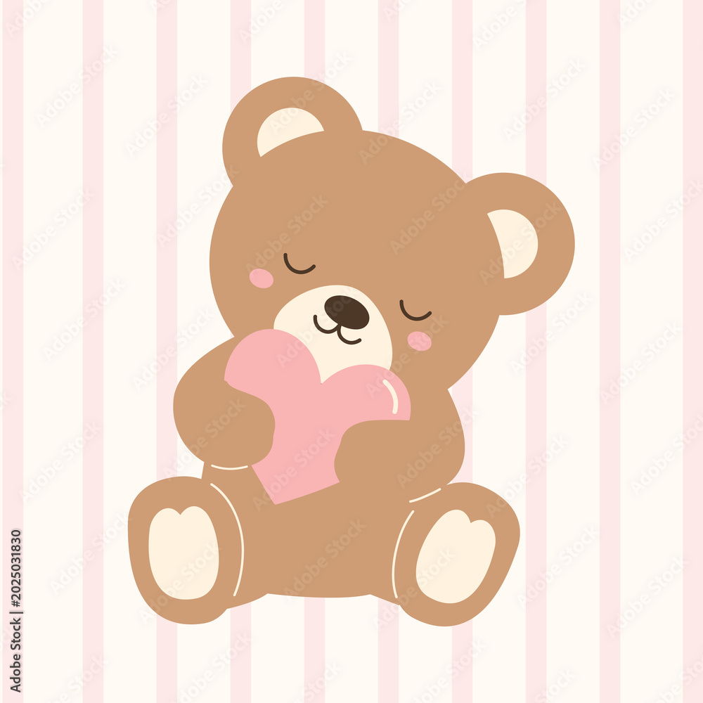 Fototapeta premium Kawaii Teddy Bear Hugging Heart Vector Clipart 
