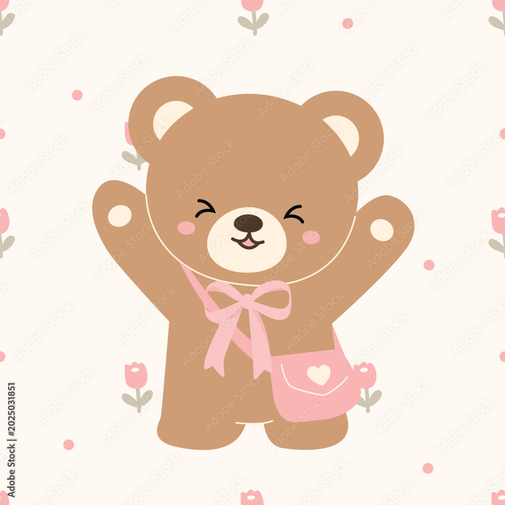 Fototapeta premium Cute Teddy Bear with Pink Bow and Heart Bag Vector Illustration 