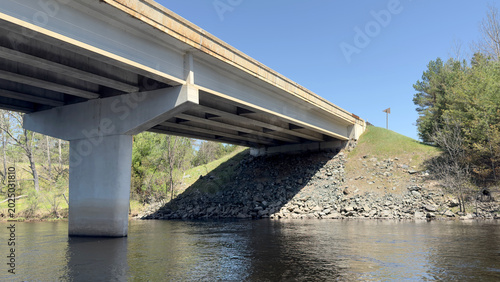 Quadro su tela a close-up, low-angle perspective of a modern concrete girder highway bridge structure crossing over a river channel, highlighting the engineering details under a clear blue sky
