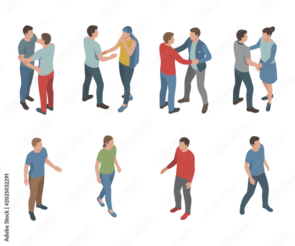 Obraz premium Isometric people interaction and social communication collection, diverse human characters greeting walking conversation and relationship lifestyle illustration set