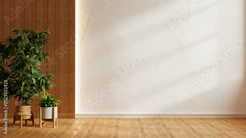 Empty white wall mockup with wooden slats and green potted plant on wood floor for interior design presentation- 3D rendering